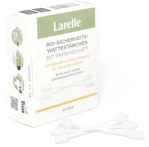 Larelle Bio-Sicherheitswattestäbchen, Baby-Wattestäbchen, 60 Stück mit Extra-Sicherheitszone, Reinigungsstäbchen, Kosmetik, Körperpflege, GOTS Ecocert, sanfte Reingung von Kinderohren, ca. 76 mm