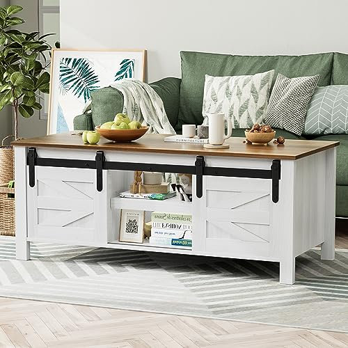 YESHOMY Table basse avec portes coulissantes et rangement, armoire rectangulaire centrale en bois avec étagères réglables, pour salon, chambre à coucher, bureau à domicile, blanc