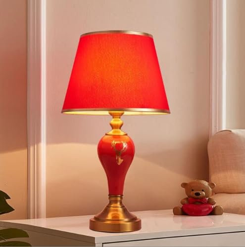 SXYSXYSXY Amerikanischen Land Stil Tischlampen Keramik Vintage Nachttischlampe Dekorative Tischlampe Einfache Stoffschirm E27 Wohn- & Schlafzimmer Hotel Tischleuchte,Rot