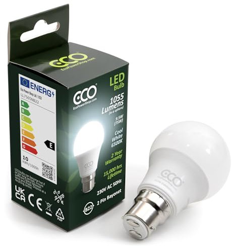 ECO 75W Equivalent B22 Bayonet Energy Saving LED Light Bulb, Low Energy 9.5W LED, 1055 Lumens, Cool White 6500K, Non-Dimmable, 15,000Hrs Lifetime.