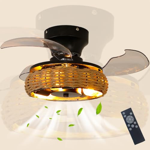 Fachae Cuerda De Cáñamo Ventilador De Techo Con Luz Silencioso Dormitorio Infantil Lampara Ventilador Techo Estilo Bohemio Fan Ceiling Light 6 Velocidad Del Viento 50cm 24W