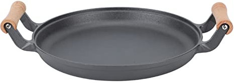 Poêle à Griller, Poêle à Griller Pour Barbecue Avec Deux Poignées En Bois Poêles à Steak Rondes En Fonte Pour Frire la Viande, Poêle à Frire En Fonte Pour les Rassemblements De Barbecue(33cm)