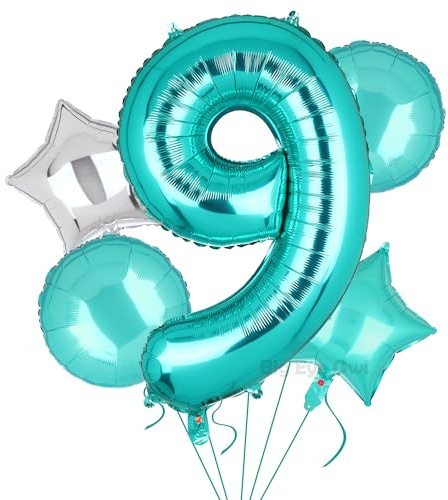 5 Stück XXL Türkis Zahl 9 Luftballon Blaugrün Nummer 9 Folienballons Groß Zahlen Happy Birthday Ballon Geburtstags Deko 100cm