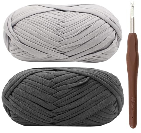 T-Shirt Garn, Bändchengarn zum Häkeln und Stricken Textilgarn 2 x 100g Dickes Polyester-Garn mit einer 6mm-Häkelnadel für Häkeltaschen, Körbe, Teppiche, Heimdekoration und DIY-Kunsthandwerk (grau)