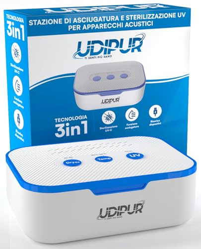 Station multifonctionnelle Udipur pour appareils auditifs 3en1 Séchage Stérilisation UV et chargement USB type C Température Max 50°C Dimensions 110x90x40mm
