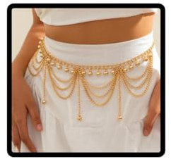 Cubahop or ventre chaîne chaîne multicouche avec franges amour petite cloche sequin perle pendentif taille bijoux robe bikini femmes Body Chain (Couleur or-B)