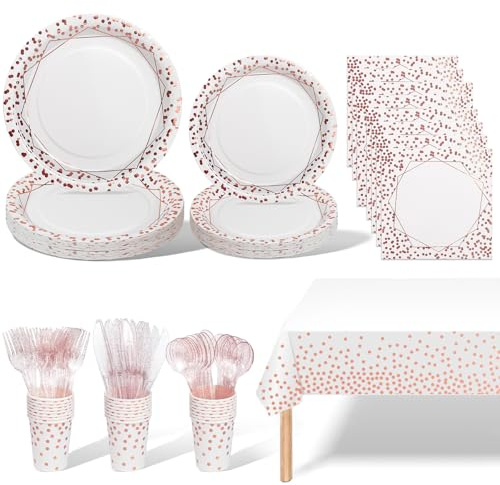 AIPartywar 141Stück Weiß Rosegold Partygeschirr,Partyzubehör Pappteller Set,Wiederverwendbar Geschirr Set einschließlich Tischdecke Teller Becher Servietten zum Geburtstag,Hochzeiten(20 Gäste)