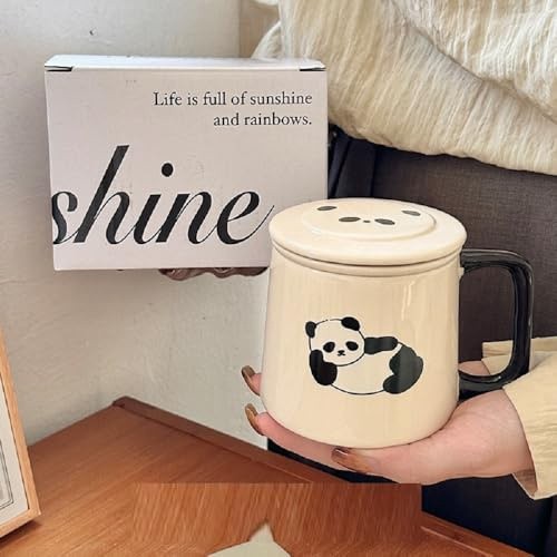 Huiyiwert Tasse à thé panda amusante avec infuseur et couvercle - Tasse à café en céramique - Motif panda mignon - Grande tasse de bureau - Filtre en céramique pour faire tremper les feuilles de thé