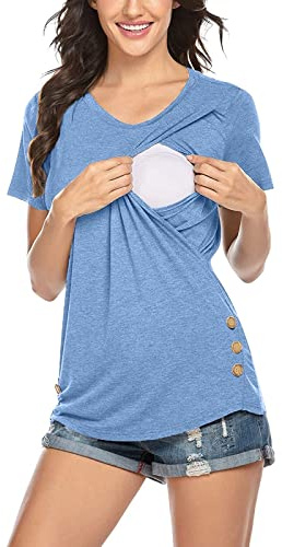 Stilltop Damen Kurzarm Rundhals Schwangere Oberteil Stillshirt Einfarbig Casual Umstandsmode Tops Umstandsshirt Sommer Lose Bequeme Umstandstop Knopf Stillmode T-Shirts Umstandsbluse