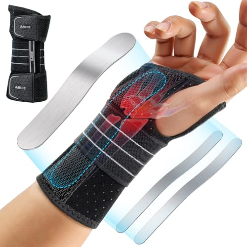 Rakiie Carpal Tunnel Wrist Brace, Adjustable Night Wrist Support with 3 Metal Splints, Hand Brace for Men Women No Pressure on Thumb, Splint Stabilizer for Work, Gray Right Hand M(6.69-8.27)