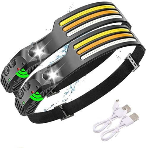 WavePro - Lampada frontale ultra leggera con sensore di movimento a 230°, fascio largo a 230°, lampada da testa con sensore di movimento, ricaricabile, portatile, per campeggio (2 pezzi)