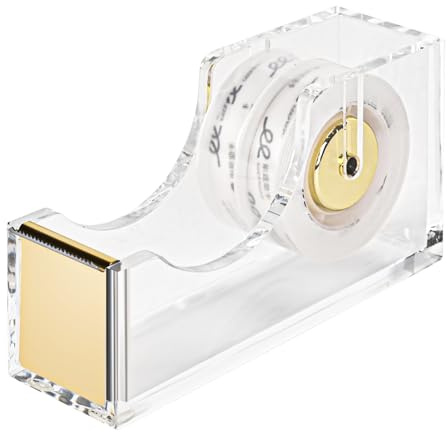 MATEPLUS Clear Desktop Tape Dispenser, Modern Acrylic Tape Dispenser Kit, 1 Inch Core Desktop Adhensive Tape Cutter Holder for Office Desk, Home, School-Gold