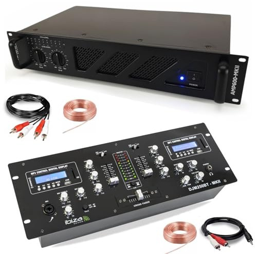 Ibiza – Pack amplificador de sonido DJ Ibiza Sound AMP600-MKII 960W – mesa mezcladora Bluetooth DJM250BT-MKII RCA XLR – Cables RCA Jack para altavoces incluidos