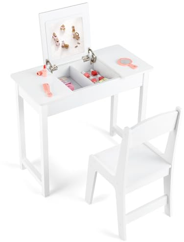 Maxmass 2 in 1 Kids Vanity and Chair Set, Wooden Children Dressing Table with Flip Top Mirror, Hidden Compartment, Anti-toppling Device, Princess Make up Desk Girls Dresser for 3+ Years Old (White)