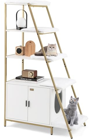 COSTWAY Kattskåp med steghylla, kattsandskåp för kattlåda, med avtagbara plyschmattor och ingång, katthus med hylla för katter och hundar, husdjur, inomhuskattmöbler, vit