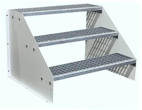SRM Design 3 Stufen Standtreppe M1 Breite 60 cm weiß | Höhe 63 cm ohne Geländer freistehend Stahltreppe Wangentreppe Gitterrosttreppe Außentreppe Industrietreppe