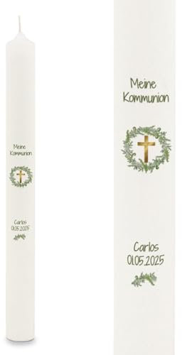 GRAVURZEILE Bougie à tige imprimée - Couronne avec 3 symboles différents - Personnalisable avec nom et date - Cadeau de baptême, communion ou confirmation - Pour garçons et filles - Bougie d'autel 400