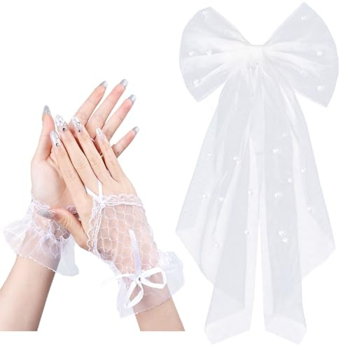 AYNKH Bridal Veil Hair Clips Bow with Gloves, Pearl Hauteur Hair Accessories Wedding, White Tulle Short Bridal Veil, Hair Bow for Wedding, Bachelorette Party Decorations