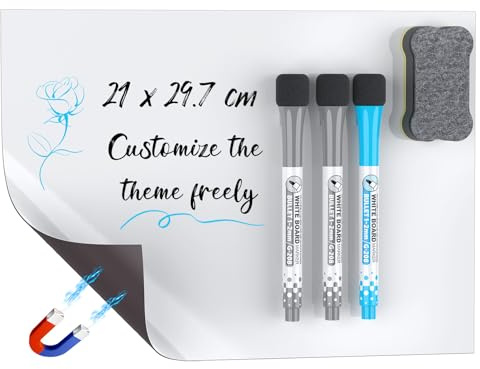 Unicife 21 x 29,7 cm Magnetische Whiteboard für Kühlschrank Magnetische Trockenlöschtafel für Kühlschrank Kleine Whiteboardtafel mit 3 Markern 1 Radierer Leere Kühlschrank-Whiteboard-Planer Büro, A4