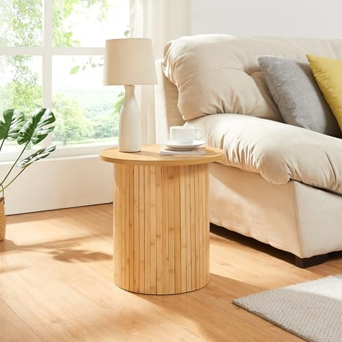 [en.casa] Beistelltisch Ledepid Nachttisch Sofatisch 40 x Ø40 cm Wohnzimmertisch mit überstehender Tischplatte Kaffetisch rund Bambus Natur