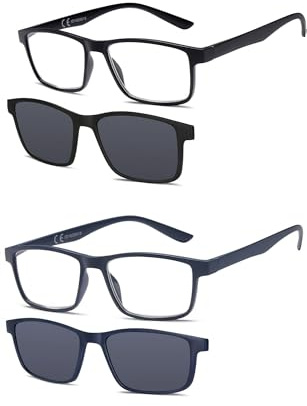 NEW VISION Occhiali da Lettura 2 PACK, Occhiali da Vista con Magnetica Clip Occhiali da Sole, Protezione 100% UVA e UVB, Clip On Occhiali da Lettura per Donna Uomo NV8126 (NERO+BLU, 3.5, Diottria)