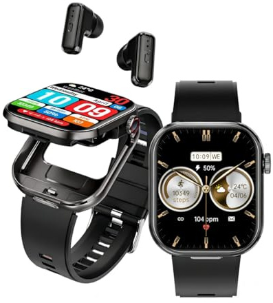 Rainbuvvy Montre Intelligente avec Oreillettes, Appel Bluetooth, Fréquence Cardiaque, Moniteur de Sommeil, 2,02'' Grand écran Fitness Tracker, Montre Sport Compatible Android iOS Phone (Noir)