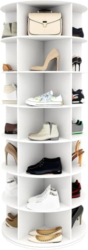 GOFEI 7-stöckiger drehbarer Schuhschrank Weiß – 360° rundes Schuhregal drehbar mit Fächern für Schuhe, Handtaschen und mehr – Platzsparend & modern