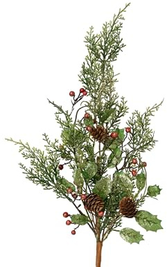 Künstlicher Zweig 50cm mit roten Beeren und Glitzer - dekorative Kunstzweige für die Weihnachts- und Winterzeit - Dekozweige Weihnachten - Zweige Weihnachtszweige - Grün/Rot