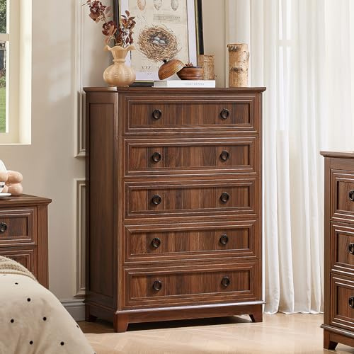Joaxswe Farmhouse 5 Drawer Dresser for Bedroom, 42 Tall Small Dressers & Chest of Drawers, Rustic Wood Dresser with Metal Handle, Storage Organizer Closet for Living Room, Hallway, Entryway
