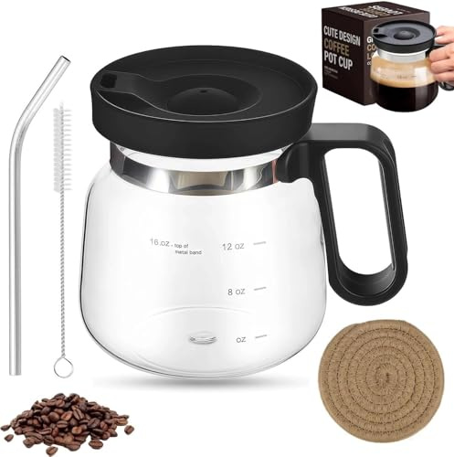 16 Oz Glass Coffee Pot Mug, Mini Coffee Pot Cup, Novelty Heatproof Large Capacity Clear Cup with Handle & Spill Proof Lid, Comes Straw & Coasters, Ideal Gift for Coffee Lovers