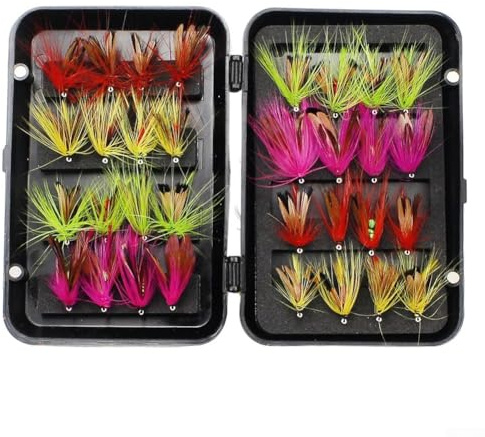 Oniissy Kit de moscas de pesca con mosca con ninfas secas y húmedas, hormigas para lubina, trucha, salmón, juego variado de 32/24 piezas compatible con pesca de agua dulce, uso en primavera, verano y