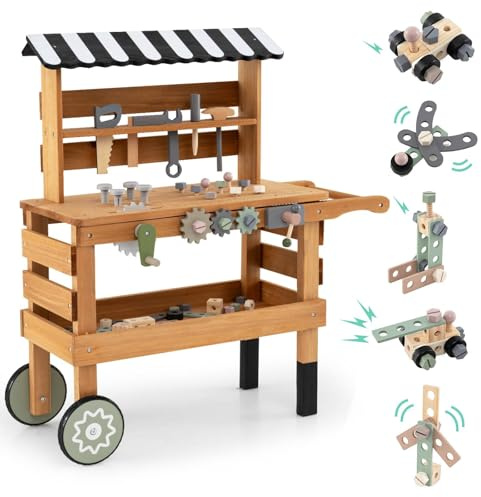 GYMAX Wooden Kids Workbench, 2-in-1 Children Tool Bench with Canopy, Wheels and Toy Tools Set, Pretend Play Work Bench for 3 Years Old+