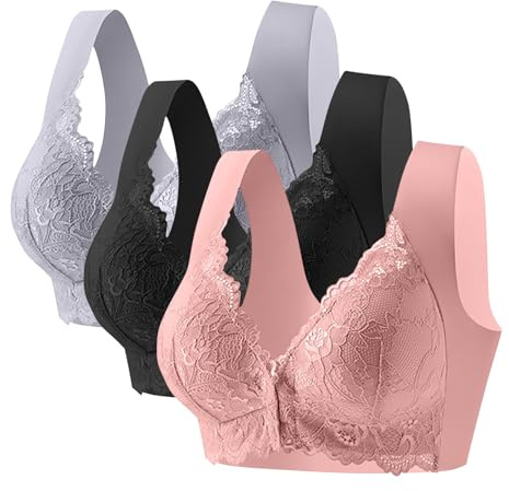 Flodxo Bras for Women Multipack 3 Pack Non Wired Front Fastening Bras Push Up No Underwire Plus Size Bra Comfy Wireless Soft Tshirts Bra for Elderly Comfort Full Coverage Bralettes