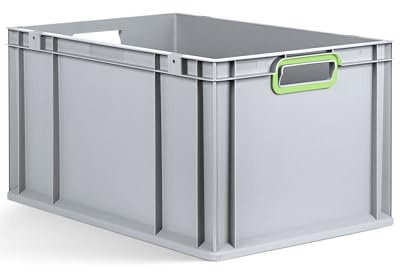 aidB Eurobox NextGen 2.0 - 600x400x320mm – Stapelbare 65L Kunststoffbox mit offenen Griffen – Lagerbox für Aufbewahrung, Transport & Organisation – Industriequalität - inkl. ColorClips in Hellgrün