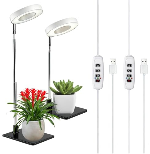 AETPI Grow Lights for Indoor Plants,48 LEDs Full Spectrum with Detachable Base Height Adjustable Halo Ring,3 Color Modes 10 Dimming Brightness Auto Timer 3/9/12H for Small Plant Light Growing 2-Pack
