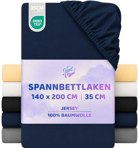 Cloud Pillow Spannbettlaken 140x200 Jersey 100% Baumwolle 160 g/m² Marine | Für hohe Matratzen und Boxspringbetten, bis 35 cm Steghöhe, Rundumgummi, 60 °C waschbar, OEKO-TEX Standard 100