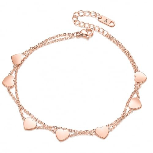 Kim Johanson® dam rostfritt stål vristlänk * Love* i silver, guld och roséguld | flerradig fotkedja med 7 hjärta hängen | kvinnor boho-smycken | vattentät | hjärtband | justerbar, Eine Grösse