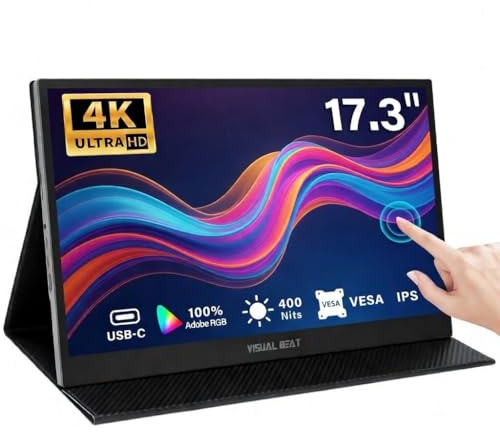 Visual Beat Monitor Portátil Táctil 17,3 4K UHD, IPS, 100% Adobe RGB, USB-C y HDMI, Toque de 10 Puntos, Funda Soporte, VESA, para Portátil, PC, Mac, PS5, Xbox y Switch