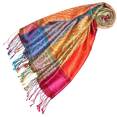 Lorenzo Cana lyx dam pashmina halsduk halsduk jacquardvävd 100 % siden 70 cm x 190 cm parallellmönster sidenhalsduk sidenduk sidenpashmina harmoniska färger färgglad orange turkos blå röd 78180