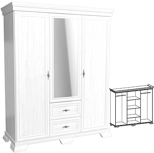Furniture24 Kleiderschrank Kora KS2 Schrank Drehtürenschrank mit 3 Türen 2 Schubkasten und Spiegel (Andersen Kiefer)