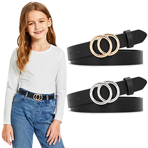 SUOSDEY 2 Stück Gürtel Mädchen Kinder Ledergürtel mit Doppel O-Ring Schnalle für Kleider Hosen Jeans