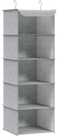 SONGMICS Hanging Wardrobe Storage Organiser, Hanging Storage Shelves, Foldable Wardrobe Clothes Organiser, Space-Saving, Metal Hooks, Bamboo Inserts, Linen Pattern, Light Grey RCH005W01