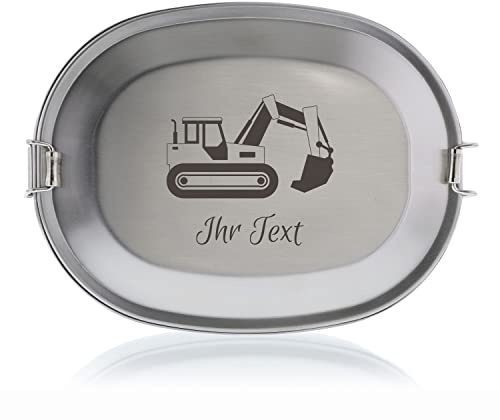 STEMPEL-FABRIK Brotdose Bagger personalisiert mit Namen, Edelstahl graviert | Edelstahl-Lunchbox mit Namensgravur & Bagger-Motiv – BPA-frei, spülmaschinengeeignet, 15,5x11,5x4,5 cm