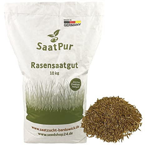 SaatPur® Rasensamen Schattenrasen 10kg für ca. 300 m², Mehrjährige Rasemischung aus mehreren Rasenarten, meistens 4 bis 5, satt grün, schnellkeimend, hitzetolerant, Neusaat und Nachsaat