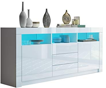 Anrichte Hochglanz Anrichte Schrank Stauschrank Vitrine mit LED Beleuchtung 2 Türen 3 Schubladen für Esszimmer Wohnzimmer Modern, 160 x 35 x 72 cm, weiß