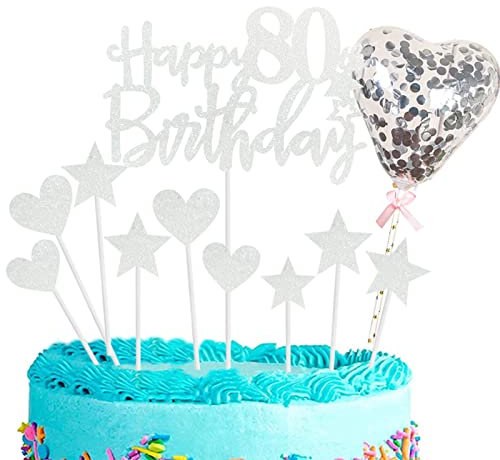 11pcs Silver Happy 80th Birthday Cake Toppers,Personalised Cake Topper for Man&Woman,80th Birthday Cake Decorations Glitter Cupcake Toppers Cake Toppers Kits 5 Star 4 Heart with Balloon