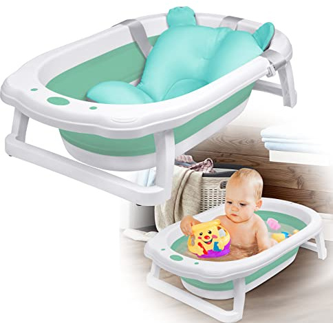 VA-Cerulean Baby Badewanne Faltbare Babybadewanne, Baby Bathtub Rutschfeste Tragbares Badewannensitz Babywanne Wanne Für Babys Kinder, Grün(Mit Sitzkissen)