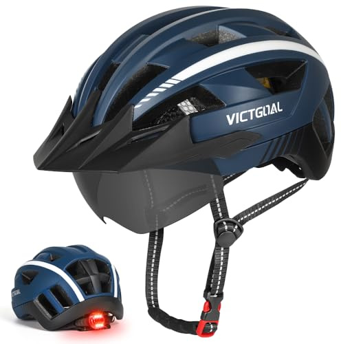 VICTGOAL Casco Bici per Uomini e Donne con luce LED Occhiali Magnetici Staccabili Visiera Rimovibile Caschi da Mountain Bike e Strada Dimensione Regolabile per Adulti (XL: 59-63cm, Blu navy)