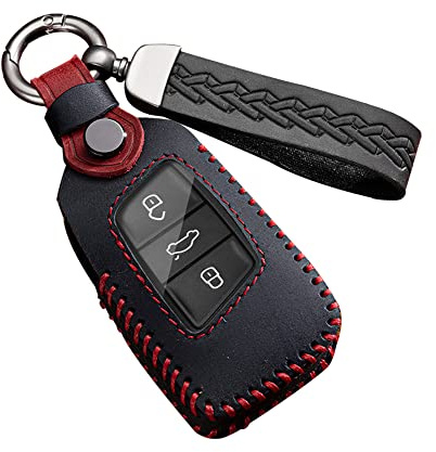 ontto Autoschlüssel Hülle Schlüsselcover Passt für Skoda Octavia Kodiaq Superb A7 VW Polo Amarok Passat B8 CC Tiguan Fernbedienung Schlüsselanhänger Leder Schlüsseletui 3 Tasten Autozubehör-C Schwarz