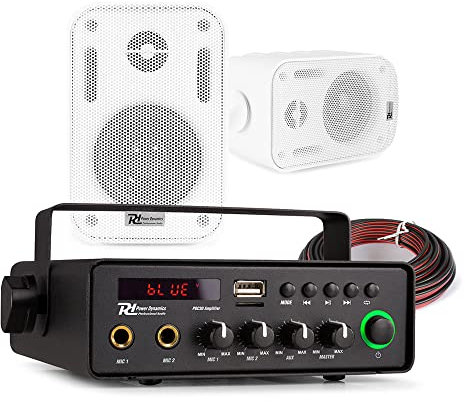 Power Dynamics 12V Powered Outdoor Music System with Battery Powered Audio Amplifier, Bluetooth & 2x BGO30 3 Weatherproof Speakers - Ideal for Vehicles, Caravans & Mobile Announcements